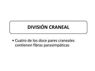 DIVISIÓN CRANEAL

• Cuatro de los doce pares craneales
  contienen fibras parasimpáticas
 