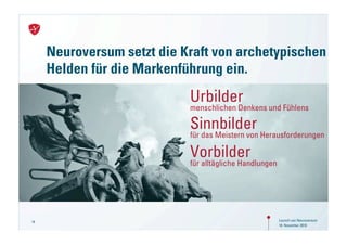 Neuroversum setzt die Kraft von archetypischen
     Helden für die Markenführung ein.
                            Urbilder
                            menschlichen Denkens und Fühlens

                            Sinnbilder
                            für das Meistern von Herausforderungen

                            Vorbilder
                            für alltägliche Handlungen




14                                                       Launch von Neuroversum
                                                         18. November 2010
 