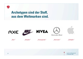 Archetypen sind der Stoff,
     aus dem Weltmarken sind.




     „Narr“   „Kämpfer“   „Fürsorgender“   „Herrscher“     „Schöpfer“




33                                                       Launch von Neuroversum
                                                         18. November 2010
 