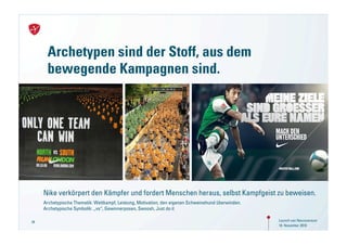 Archetypen sind der Stoff, aus dem
      bewegende Kampagnen sind.




     Nike verkörpert den Kämpfer und fordert Menschen heraus, selbst Kampfgeist zu beweisen.
     Archetypische Thematik: Wettkampf, Leistung, Motivation, den eigenen Schweinehund überwinden.
     Archetypische Symbolik: „vs“, Gewinnerposen, Swoosh, Just do it

34                                                                                                   Launch von Neuroversum
                                                                                                     18. November 2010
 