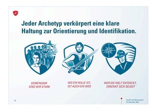 Jeder Archetyp verkörpert eine klare
     Haltung zur Orientierung und Identifikation.




         GEMEINSAM      WO EIN WILLE IST,   WER DIE WELT ENTDECKT,
       SIND WIR STARK   IST AUCH EIN WEG     ERKENNT SICH SELBST



42                                                         Launch von Neuroversum
                                                           18. November 2010
 