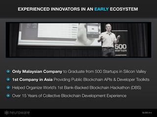 SLIDE #
EXPERIENCED INNOVATORS IN AN EARLY ECOSYSTEM
4
Only Malaysian Company to Graduate from 500 Startups in Silicon Val...