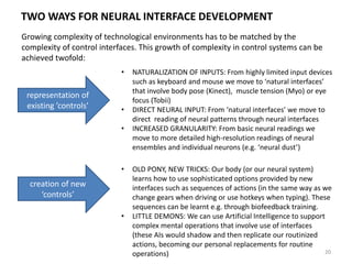 KEY ELEMENTS OF NEUROWEB ARCHITECTURE CREATION
20
2014 2020 2030
Network capacity growth:
User bandwidth est.10-100 Gbps. In principle, TCP/IP & ipv6 should be
enough (all of this should be created for IoT around 2025-2030)
Standardization of biometry transfer protocols for various wearable
applications, including transfer of neural data
(emergence of neuro:// standard?)
Creation of techno-mediums: artificial agents that maintain
individual maps of neural systems and relate them to external
interfaces (incl. ‘Language of NeuroWeb’)
Language of NeuroWeb: artificial agent that maintains the
‘universal language of mind’, including representations of part of
the mind that interact with external environment (verbal & non-
verbal) as well as ‘deeper’ states of mind
Ongoing development & improvement of neural interfaces
for higher precision & reliability, lower cost & easier installation
Biometry-Web Rise of NeuroWeb
Personalized models
of human behavior
created through
neuromarketing
 