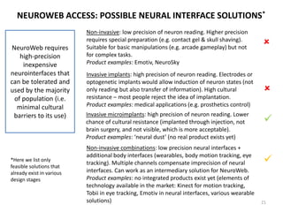 TWO WAYS FOR NEURAL INTERFACE DEVELOPMENT
21
representation of
existing ’controls’
Growing complexity of technological environments has to be matched by the
complexity of control interfaces. This growth of complexity in control systems can be
achieved twofold:
• NATURALIZATION OF INPUTS: From highly limited input devices
such as keyboard and mouse we move to ‘natural interfaces’
that involve body pose (Kinect), muscle tension (Myo) or eye
focus (Tobii)
• DIRECT NEURAL INPUT: From ‘natural interfaces’ we move to
direct reading of neural patterns through neural interfaces
• INCREASED GRANULARITY: From basic neural readings we
move to more detailed high-resolution readings of neural
ensembles and individual neurons (e.g. ‘neural dust’)
creation of new
‘controls’
• OLD PONY, NEW TRICKS: Our body (or our neural system)
learns how to use sophisticated options provided by new
interfaces such as sequences of actions (in the same way as we
change gears when driving or use hotkeys when typing). These
sequences can be learnt e.g. through biofeedback training.
• LITTLE DEMONS: We can use Artificial Intelligence to support
complex mental operations that involve use of interfaces
(these AIs would shadow and then replicate our routinized
actions, becoming our personal replacements for routine
operations)
 