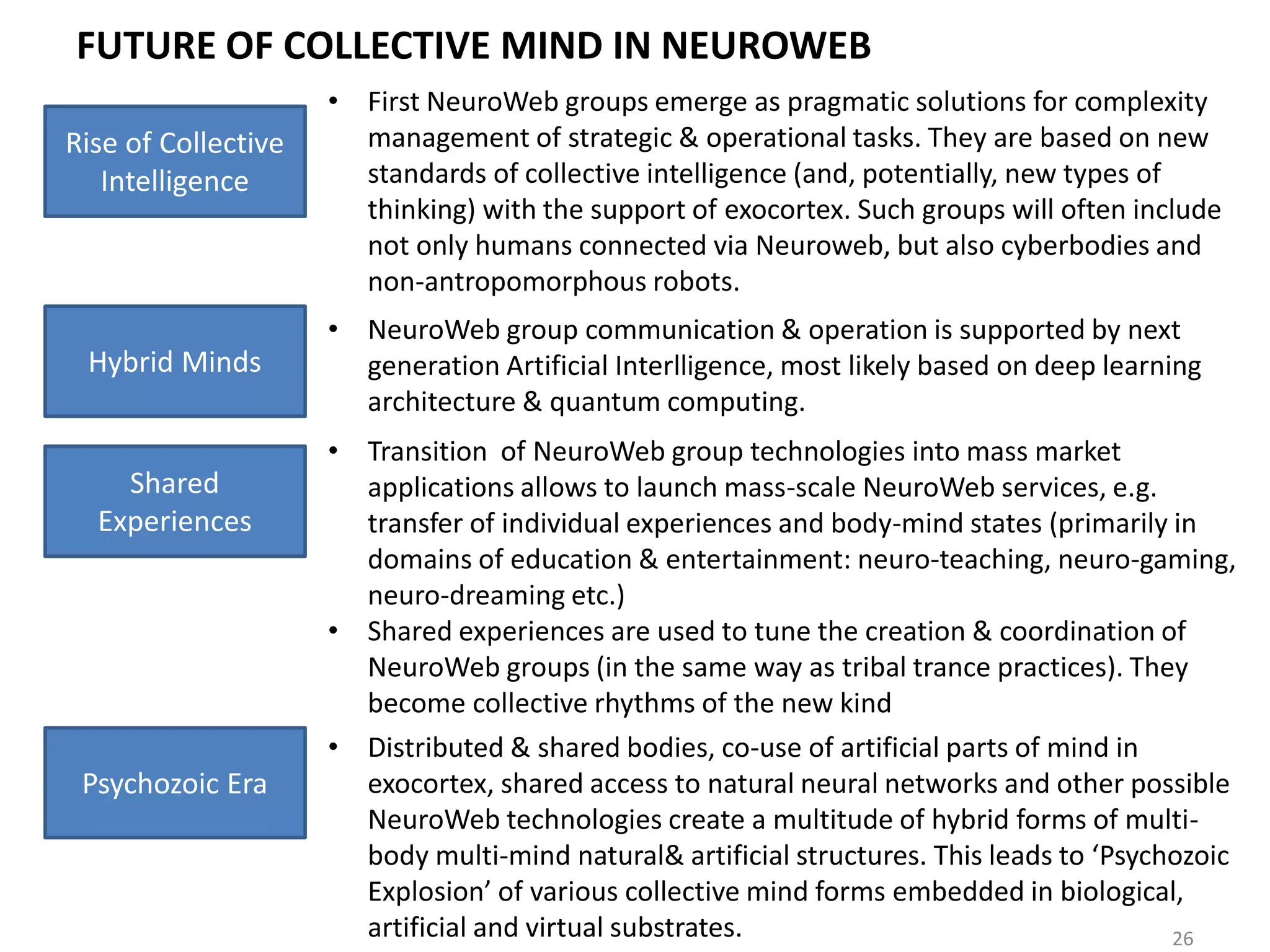 FUTURE OF COLLECTIVE MIND IN NEUROWEB
26
Rise of Collective
Intelligence
• First NeuroWeb groups emerge as pragmatic solutions for complexity
management of strategic & operational tasks. They are based on new
standards of collective intelligence (and, potentially, new types of
thinking) with the support of exocortex. Such groups will often include
not only humans connected via Neuroweb, but also cyberbodies and
non-antropomorphous robots.
Hybrid Minds
• NeuroWeb group communication & operation is supported by next
generation Artificial Interlligence, most likely based on deep learning
architecture & quantum computing.
Shared
Experiences
• Transition of NeuroWeb group technologies into mass market
applications allows to launch mass-scale NeuroWeb services, e.g.
transfer of individual experiences and body-mind states (primarily in
domains of education & entertainment: neuro-teaching, neuro-gaming,
neuro-dreaming etc.)
• Shared experiences are used to tune the creation & coordination of
NeuroWeb groups (in the same way as tribal trance practices). They
become collective rhythms of the new kind
Psychozoic Era
• Distributed & shared bodies, co-use of artificial parts of mind in
exocortex, shared access to natural neural networks and other possible
NeuroWeb technologies create a multitude of hybrid forms of multi-
body multi-mind natural& artificial structures. This leads to ‘Psychozoic
Explosion’ of various collective mind forms embedded in biological,
artificial and virtual substrates.
 