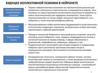 БУДУЩЕЕ КОЛЛЕКТИВНОЙ ПСИХИКИ В НЕЙРОНЕТЕ
30
Возникновение
коллективных
сознаний
• Первые нейроколлективы возникают как прагматические решения для
управления сложностью в стратегических и операционных задачах. Они
основаны на новых протоколах коллективного мышления (и вероятно на
новых типах мышления) при поддержке экзокортекса. Такие группы
зачастую включают не только людей, связанных через Нейронет, но и
кибертела, а также неантропоморфных роботов.
Гибридные
сознания
• Функционирование нейро-коллективов поддерживается искусственными
интеллектами следующего поколения, построенными на базе квантовых
компьютеров с глубокой архитектурой.
Разделяемые
опыты
• Передача технологий Нейронета в массовый рынок позволяет запустить
массовые услуги Нейронета, напр. передачу индивидуальных опытов и
состояний сознания (в первую очередь, в сферах образования и
развлечений: нейрообучение, нейроигры, нейросны и пр.)
• Разделенный опыт используется для отладки создания и координации
Нейронет-групп (аналогично практикам трансовых танцев в
традиционных культурах) Они становятся коллективными ритмами
нового типа
Эпоха Психозоя
• Распределенная телесность, возможности обмена телами, частями
искусственной психики на экзокортексе, а также ресурсами естественных
нейросубстратов создают множество гибридных форм многотелесных
многопсихических искусственно-естественных структур - «психозойский
взрыв» разнообразия форм субъектностей поверх биологических,
искусственных и виртуальных телесностей
 