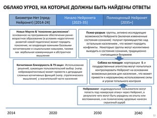 ОБЛАКО УГРОЗ, НА КОТОРЫЕ ДОЛЖНЫ БЫТЬ НАЙДЕНЫ ОТВЕТЫ
32
2014 2020 2030 2040
Биометри-Нет (пред-
Нейронет) [2014-24]
Начало Нейронета
[2025-35]
Полноценный Нейронет
[2035+]
Новые Маугли & ‘поколение дислексиков’:
основанное на программном обеспечении ранне-
возрастное образование (в условиях недостаточно
развитой новой педагогики) может породить
поколение, не владеющее важными базовыми
когнитивными и социальными навыками, такими
как вербальная коммуникация и абстрактное
мышление
Когнитивная близорукость & T9-зация: Использование
решений, сужающих пользовательский выбор (напр.
нейромаркетинговых) может привести к деградации
сложных когнитивных функций (напр. стратегического
мышления) у значительной части населения
Психо-разрыв: группы, активно исследующие
возможности Нейронета (включая измененные
состояния сознания) получат преимущество над
остальным населением , что может породить
конфликты. Некоторые группы могут коллективно
выходить в состояния сознания, традиционно
считающиеся безумием
Нейрохакинг: индивидуальные пользователи могут
попасть под «хакерскую атаку» через Нейронет, в
результате чего могут быть украдены их опыты или
воспоминания, а их психическому здоровью нанесен
серьезный ущерб
Собака на поводке: корпорации & и
государственные агентства могут попытаться
контролировать Нейронет на основании
возможных рисков для населения , что может
привести к неразумному использованию силы
и угрозе тотального контроля
 