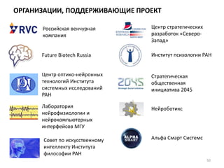 ОРГАНИЗАЦИИ, ПОДДЕРЖИВАЮЩИЕ ПРОЕКТ
50
Российская венчурная
компания
Нейроботикс
Центр стратегических
разработок «Северо-
Запад»
Альфа Смарт СистемсСовет по искусственному
интеллекту Института
философии РАН
Центр оптико-нейронных
технологий Института
системных исследований
РАН
Лаборатория
нейрофизиологии и
нейрокомпьютерных
интерфейсов МГУ
Институт психологии РАН
Стратегическая
общественная
инициатива 2045
Future Biotech Russia
 
