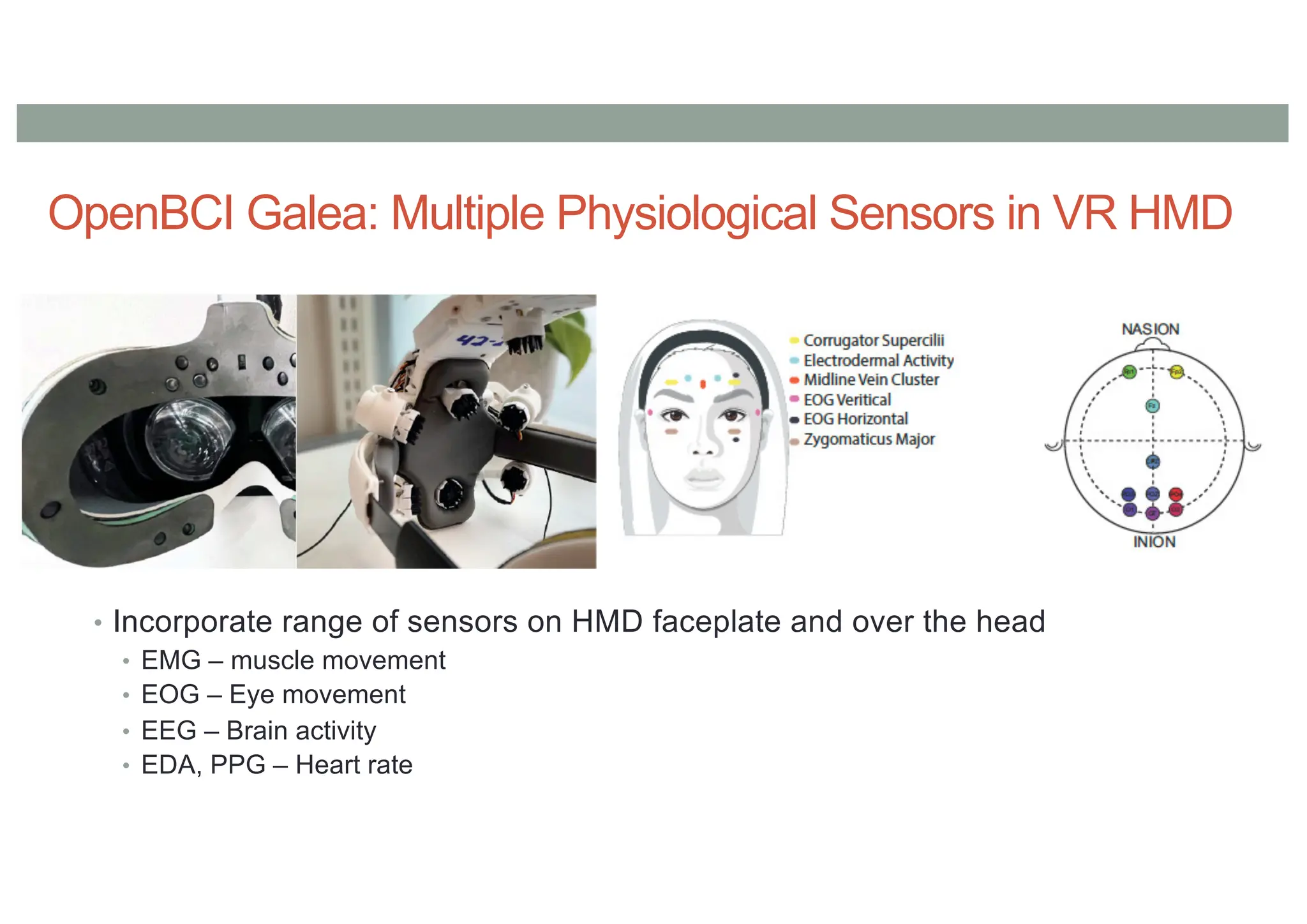 OpenBCI Galea: Multiple Physiological Sensors in VR HMD
• Incorporate range of sensors on HMD faceplate and over the head
• EMG – muscle movement
• EOG – Eye movement
• EEG – Brain activity
• EDA, PPG – Heart rate
 
