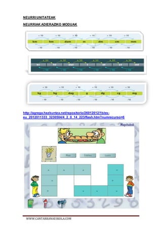 WWW.CANTARRANAESKOLA.COM
NEURRI UNITATEAK
NEURRIAK ADIERAZIKO MODUAK
http://agrega.hezkuntza.net/repositorio/26012012/1b/es-
eu_2012011333_3230504/4_2_0_14_223/flash.htm?numrecurso=6
 