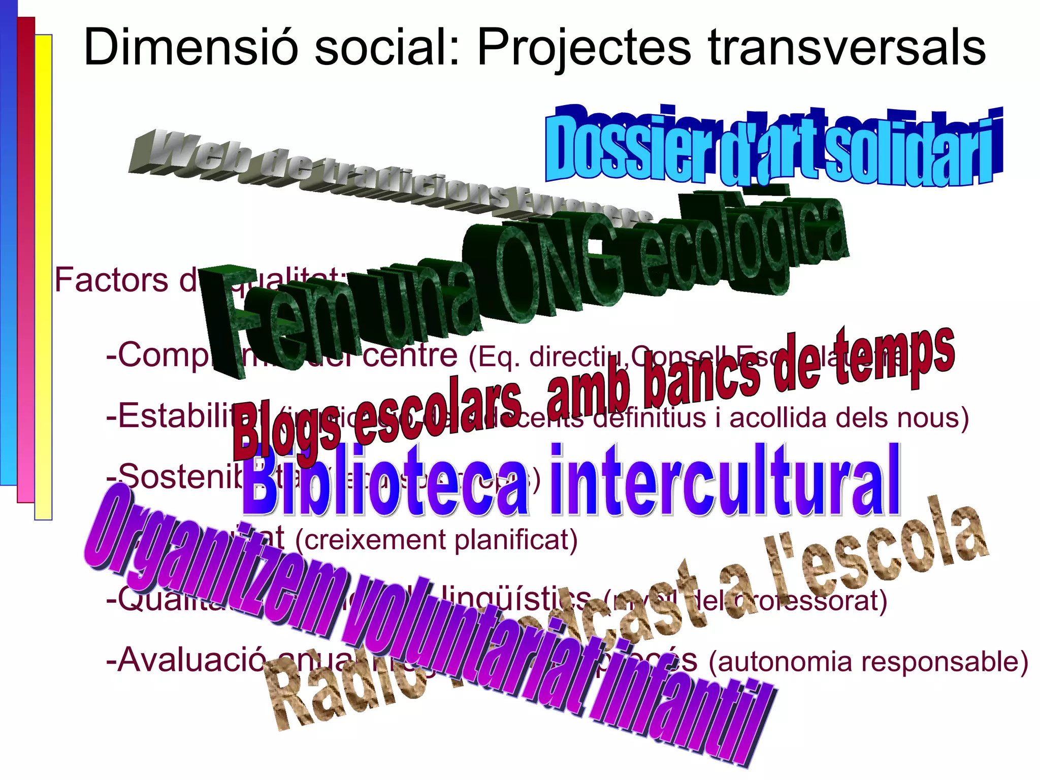 Factors de qualitat: -Compromís del centre  (Eq. directiu,Consell Esc. Claustre) -Estabilitat  (implicació dels docents definitius i acollida dels nous) -Sostenibilitat  (recursos propis) -Continuïtat  (creixement planificat) -Qualitat dels models lingüístics  (nivell del professorat) -Avaluació anual i regulació del procés  (autonomia responsable) Dimensió social: Projectes transversals  Web de tradicions Europees Biblioteca intercultural Ràdio i Podcast a l'escola Fem una ONG ecològica Organitzem voluntariat infantil Dossier d'art solidari Blogs escolars  amb bancs de temps 
