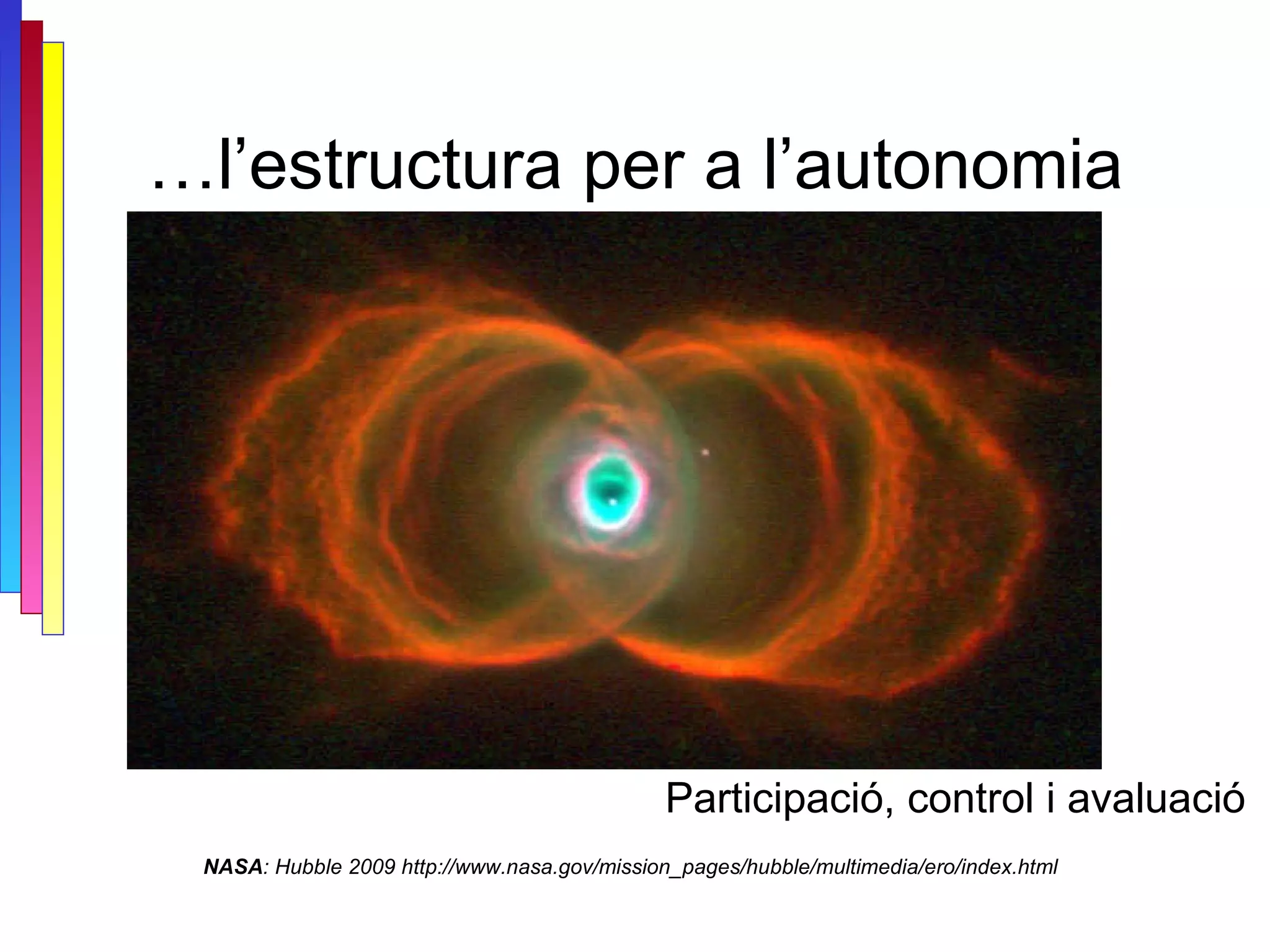 … l’estructura per a l’autonomia NASA : Hubble 2009 http://www.nasa.gov/mission_pages/hubble/multimedia/ero/index.html Participació, control i avaluació 