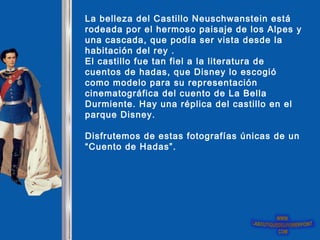La belleza del Castillo Neuschwanstein está
rodeada por el hermoso paisaje de los Alpes y
una cascada, que podía ser vista desde la
habitación del rey .
El castillo fue tan fiel a la literatura de
cuentos de hadas, que Disney lo escogió
como modelo para su representación
cinematográfica del cuento de La Bella
Durmiente. Hay una réplica del castillo en el
parque Disney.

Disfrutemos de estas fotografías únicas de un
“Cuento de Hadas”.
 