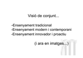 Visió de conjunt...

-Ensenyament tradicional
-Ensenyament modern i contemporani
-Ensenyament innovador i proactiu
                               Neus Lorenzo


             (i ara en imatges...)

                                  Neus Lorenzo
 