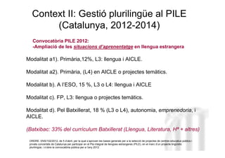 Context II: Gestió plurilingüe al PILE
        (Catalunya, 2012-2014)
   Convocatòria PILE 2012:
   -Ampliació de les situacions d’aprenentatge en llengua estrangera

Modalitat a1). Primària,12%, L3: llengua i AICLE.

Modalitat a2). Primària, (L4) en AICLE o projectes temàtics.

Modalitat b). A l’ESO, 15 %, L3 o L4: llengua i AICLE

Modalitat c). FP, L3: llengua o projectes temàtics.
                                                                                                                      Neus Lorenzo
Modalitat d). Pel Batxillerat, 18 % (L3 o L4), autonomia, emprenedoria, i
AICLE.

(Batxibac: 33% del currículum Batxillerat (Llengua, Literatura, Hª + altres)

 ORDRE: ENS/102/2012, de 5 d’abril, per la qual s’aproven les bases generals per a la selecció de projectes de centres educatius públics i
 privats concertats de Catalunya per participar en el Pla integrat de llengües estrangeres (PILE), en el marc d’un projecte lingüístic
 plurilingüe, i s’obre la convocatòria pública per a l’any 2012.                                                             Neus Lorenzo
 