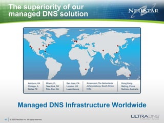 © 2009 NeuStar Inc. All rights reserved.10The superiority of our managed DNS solutionManaged DNS Infrastructure Worldwide