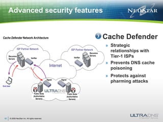 © 2009 NeuStar Inc. All rights reserved.12Advanced security featuresCache DefenderStrategic relationships with Tier-1 ISPsPrevents DNS cache poisoningProtects against pharming attacks 