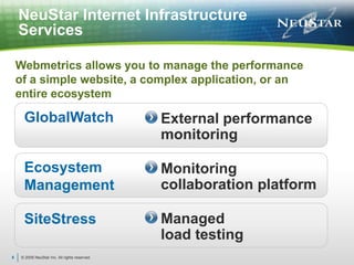 © 2009 NeuStar Inc. All rights reserved.6NeuStar Internet Infrastructure ServicesWebmetrics allows you to manage the performance of a simple website, a complex application, or an entire ecosystemGlobalWatchExternal performance monitoringEcosystem ManagementMonitoring collaboration platformSiteStressManaged load testing