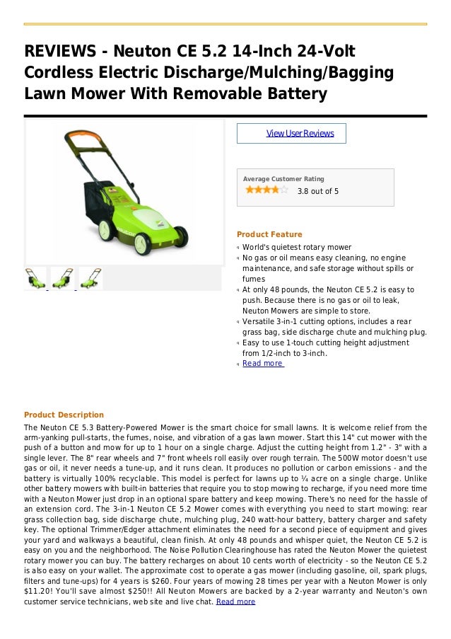 Neuton ce 5.2 14 inch 24volt cordless electric discharge mulching