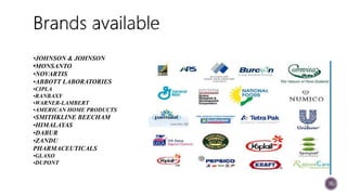 
16
•JOHNSON & JOHNSON
•MONSANTO
•NOVARTIS
•ABBOTT LABORATORIES
•CIPLA
•RANBAXY
•WARNER-LAMBERT
•AMERICAN HOME PRODUCTS
•SMITHKLINE BEECHAM
•HIMALAYAS
•DABUR
•ZANDU
PHARMACEUTICALS
•GLAXO
•DUPONT
 
