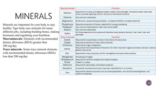 
22
Minerals are important for your body to stay
healthy. Your body uses minerals for many
different jobs, including building bones, making
hormones and regulating your heartbeat.
Macrominerals- Elements with recommended
dietary allowance (RDA) greater than
200 mg/day
Trace minerals- Some trace mineral elements
with recommended dietary allowance (RDA)
less than 200 mg/day
 