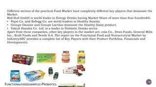 29
Different sectors of the practical Food Market have completely different key players that dominate the
Market.
Red Bull GmbH is world leader in Energy Drinks having Market Share of more than four-hundredth.
• Pepsi Co. and Kellogg Co. are world leaders in Healthy Snacks.
• Groupe Danone and Groupe Lactilas dominate the Healthy Dairy product.
• Yakult Honsha Co. Ltd. is a leader in Probiotic Drinks sector.
Apart from these companies, other key players in the market are; cola Co., Dean Foods, General Mills
Inc., Kraft Foods and Nestle S.A. The report on the Functional Food and Nutraceutical Market by
IndustryARC provides a complete list of Key Players with their Product Portfolios, Financials and
Developments.
FUNCTIONALFOODEXAMPLES-PROBIOTICS
 