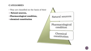  They are classified on the basis of their
 Natural sources,
Pharmacological condition,
chemical constitution
7
 