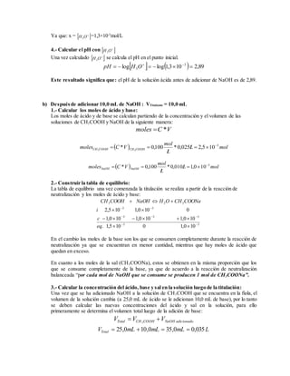 Ya que: x =  
OH3
=1,3×10-3
mol/L
4.- Calcular el pH con  
OH3
Una vez calculado  
OH3
se calcula el pH en el punto inicial.
    89,2103,1loglog 3
3  
OHpH
Este resultado significa que: el pH de la solución ácida antes de adicionar de NaOH es de 2,89.
b) Despuésde adicionar 10,0 mL de NaOH : VTitulante = 10,0 mL
1.- Calcular los moles de ácido y base:
Los moles de ácido y de base se calculan partiendo de la concentración y el volumen de las
soluciones de CH3COOH y NaOH de la siguiente manera:
VCmoles *
  molL
L
mol
VCmoles COOHCHCOOHCH
3
105,2025,0*100,0* 33




  molL
L
mol
VCmoles NaOHNaOH
3
100,1010,0*100,0* 



2.- Construir la tabla de equilibrio:
La tabla de equilibrio una vez comenzada la titulación se realiza a partir de la reacción de
neutralización y los moles de ácido y base:
33
333
33
323
100,10105,1.
100,1100,1100,1
0100,1105,2







eq
c
i
COONaCHOHNaOHCOOHCH
En el cambio los moles de la base son los que se consumen completamente durante la reacción de
neutralización ya que se encuentran en menor cantidad, mientras que hay moles de ácido que
quedan en exceso.
En cuanto a los moles de la sal (CH3COONa), estos se obtienen en la misma proporción que los
que se consume completamente de la base, ya que de acuerdo a la reacción de neutralización
balanceada “por cada mol de NaOH que se consume se producen 1 mol de CH3COONa”.
3.- Calcular la concentración del ácido, base y sal en la solución luego de la titulación:
Una vez que se ha adicionado NaOH a la solución de CH3COOH que se encuentra en la fiola, el
volumen de la solución cambia (a 25,0 mL de ácido se le adicionan 10,0 mL de base), por lo tanto
se deben calcular las nuevas concentraciones del ácido y sal en la solución, para ello
primeramente se determina el volumen total luego de la adición de base:
adicionadoNaOHCOOHCHTotal VVV  3
LmLmLmLVTotal 035,00,350,100,25 
 