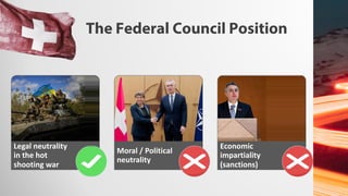 The Federal Council Position
Legal neutrality
in the hot
shooting war
Moral / Political
neutrality
Economic
impartiality
(sanctions)
 
