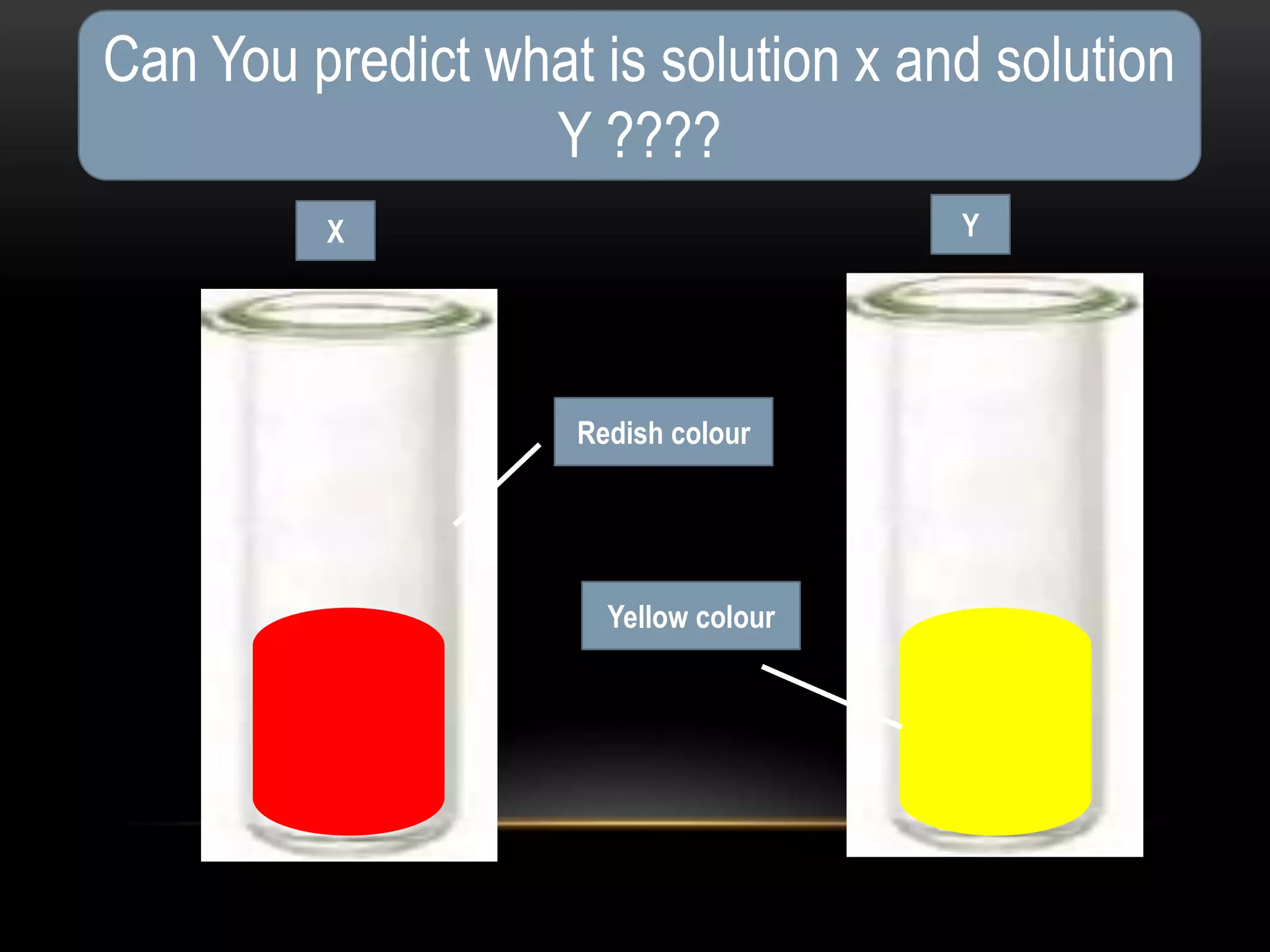 Can You predict what is solution x and solution
                  Y ????
         X                            Y




                    Redish colour




                      Yellow colour
 
