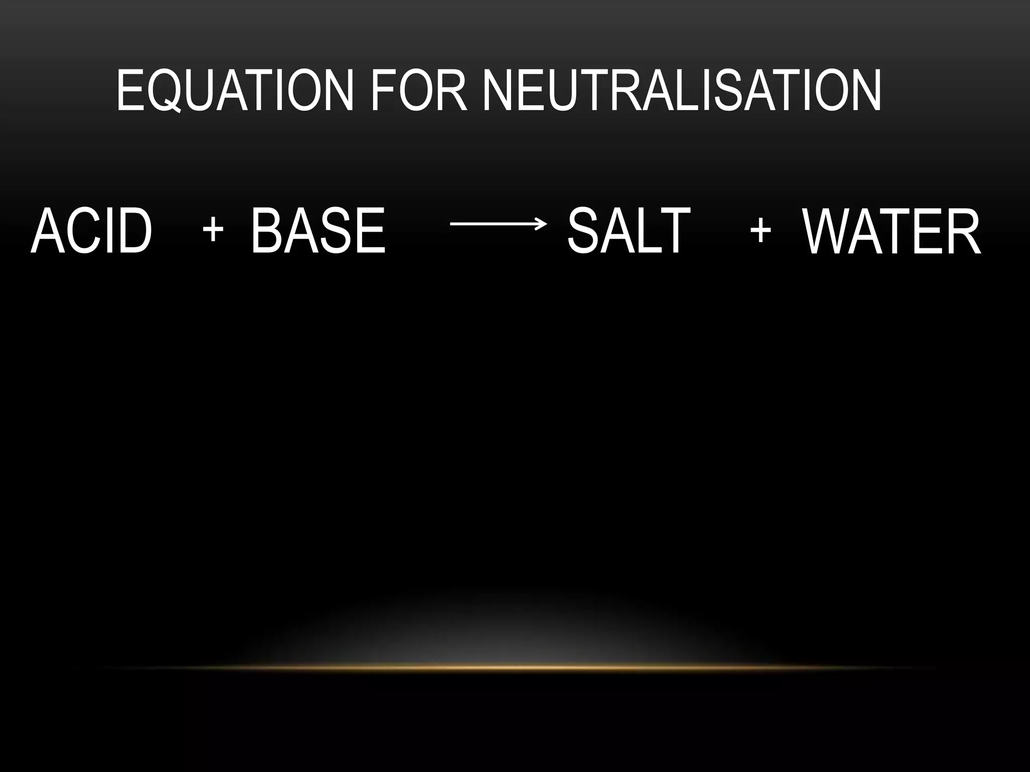EQUATION FOR NEUTRALISATION

ACID + BASE      SALT + WATER
 