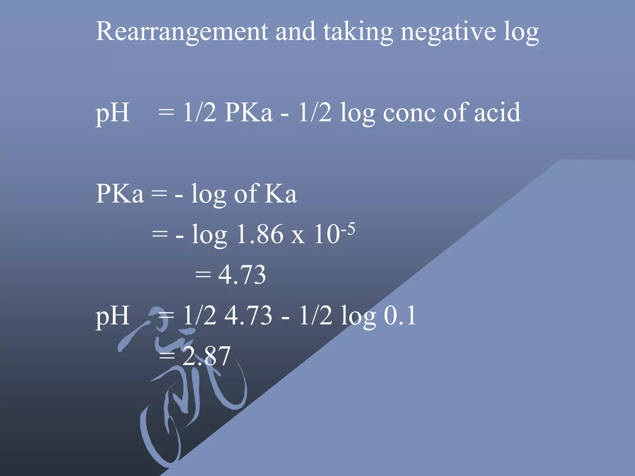 Rearrangement and taking negative log
pH = 1/2 PKa - 1/2 log conc of acid
PKa = - log of Ka
= - log 1.86 x 10-5
= 4.73
pH = 1/2 4.73 - 1/2 log 0.1
= 2.87
 