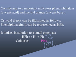 Considering two important indicators phenolphthalein
(a weak acid) and methyl orange (a weak base),
Ostwald theory can be illustrated as follows:
Phenolphthalein: It can be represented as HPh.
It ionises in solution to a small extent as:
HPh ↔ H+ + Ph
Colourles Pink
 