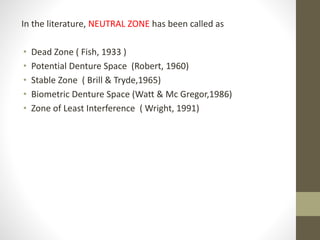 In the literature, NEUTRAL ZONE has been called as
• Dead Zone ( Fish, 1933 )
• Potential Denture Space (Robert, 1960)
• Stable Zone ( Brill & Tryde,1965)
• Biometric Denture Space (Watt & Mc Gregor,1986)
• Zone of Least Interference ( Wright, 1991)
 