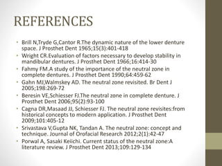 REFERENCES
• Brill N,Tryde G,Cantor R.The dynamic nature of the lower denture
space. J Prosthet Dent 1965;15(3):401-418
• Wright CR.Evaluation of factors necessary to develop stability in
mandibular dentures. J Prosthet Dent 1966;16:414-30
• Fahmy FM.A study of the importance of the neutral zone in
complete dentures. J Prosthet Dent 1990;64:459-62
• Gahn MJ,Walmskey AD. The neutral zone revisited. Br Dent J
2005;198:269-72
• Beresin VE,Schiesser FJ.The neutral zone in complete denture. J
Prosthet Dent 2006;95(2):93-100
• Cagna DR,Masaad JJ, Schiesser FJ. The neutral zone revisites:from
historical concepts to modern application. J Prosthet Dent
2009;101:405-12
• Srivastava V,Gupta NK, Tandan A. The neutral zone: concept and
technique. Journal of Orofacial Research 2012;2(1):42-47
• Porwal A, Sasaki Keiichi. Current status of the neutral zone:A
literature review. J Prosthet Dent 2013;109:129-134
 