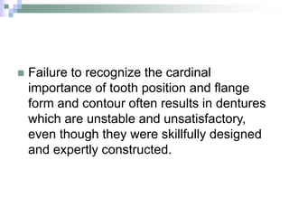  Failure to recognize the cardinal
importance of tooth position and flange
form and contour often results in dentures
which are unstable and unsatisfactory,
even though they were skillfully designed
and expertly constructed.
 
