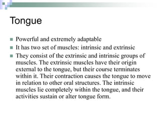 Tongue
 Powerful and extremely adaptable
 It has two set of muscles: intrinsic and extrinsic
 They consist of the extrinsic and intrinsic groups of
muscles. The extrinsic muscles have their origin
external to the tongue, but their course terminates
within it. Their contraction causes the tongue to move
in relation to other oral structures. The intrinsic
muscles lie completely within the tongue, and their
activities sustain or alter tongue form.
 