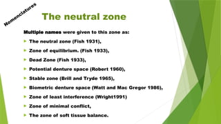 Multiple names were given to this zone as:
 The neutral zone (Fish 1931),
 Zone of equilibrium. (Fish 1933),
 Dead Zone (Fish 1933),
 Potential denture space (Robert 1960),
 Stable zone (Brill and Tryde 1965),
 Biometric denture space (Watt and Mac Gregor 1986),
 Zone of least interference (Wright1991)
 Zone of minimal conflict,
 The zone of soft tissue balance.
The neutral zone
Nom
enclatures
 