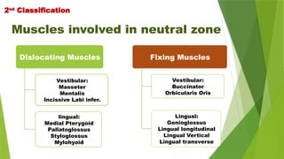 Muscles involved in neutral zone
Dislocating Muscles
Vestibular:
Masseter
Mentalis
Incissive Labi infer.
lingual:
Medial Pterygoid
Pallatoglossus
Styloglossus
Mylohyoid
Fixing Muscles
Vestibular:
Buccinator
Orbicularis Oris
Lingual:
Genioglossus
Lingual longitudinal
Lingual Vertical
Lingual transverse
2nd
Classification
 