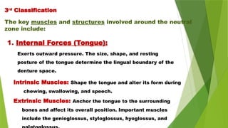 Exerts outward pressure. The size, shape, and resting
posture of the tongue determine the lingual boundary of the
denture space.
The key muscles and structures involved around the neutral
zone include:
Extrinsic Muscles: Anchor the tongue to the surrounding
bones and affect its overall position. Important muscles
include the genioglossus, styloglossus, hyoglossus, and
1. Internal Forces (Tongue):
3rd
Classification
Intrinsic Muscles: Shape the tongue and alter its form during
chewing, swallowing, and speech.
 