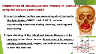 It is active when the lips are pressed against the teeth,
like buccinator ORBICULARIS ORIS muscle
rhythmically contracts during chewing, sucking and
swallowing.
Proper shaping of the labial and buccal flanges - to be
concave rather than convex- is necessary to support
the lips, cheeks and tongue, and will allow them and
to seat the denture.
Importance of ORBICULARIS ORIS muscle in relation to
complete denture construction
 