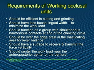 Requirements of Working occlusal units  Should be efficient in cutting and grinding Should have less bucco-lingual width – to minimize the work load Should function as a group with simultaneous harmonious contacts at end of the chewing cycle  Should be over the ridge crest in the masticating area for lever balance Should have a surface to receive & transmit the force vertically Should center the work load near the anteroposterior center of the denture   JPD; 1971,Vol:25, The role of occlusion in preservation & prevention in complete denture Prosthodontics 