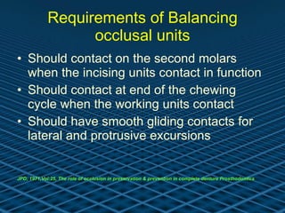Requirements of Balancing occlusal units Should contact on the second molars when the incising units contact in function Should contact at end of the chewing cycle when the working units contact Should have smooth gliding contacts for lateral and protrusive excursions   JPD; 1971,Vol:25, The role of occlusion in preservation & prevention in complete denture Prosthodontics 