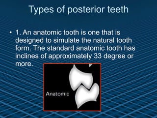 Types of posterior teeth 1. An anatomic tooth is one that is designed to simulate the natural tooth form. The standard anatomic tooth has inclines of approximately 33 degree or more. 