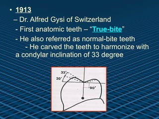 1913   –  Dr. Alfred Gysi of Switzerland  - First anatomic teeth – “ True-bite ”  - He also referred as normal-bite teeth  - He carved the teeth to harmonize with a condylar inclination of 33 degree  