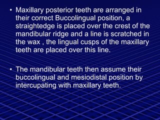 Maxillary posterior teeth are arranged in their correct Buccolingual position, a straightedge is placed over the crest of the mandibular ridge and a line is scratched in the wax , the lingual cusps of the maxillary teeth are placed over this line. The mandibular teeth then assume their buccolingual and mesiodistal position by intercupating with maxillary teeth. 