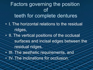 Factors governing the position  of teeth for complete dentures I. The horizontal relations to the residual ridges, II. The vertical positions of the occlusal surfaces and incisal edges between the residual ridges, III. The aesthetic requirements, and IV. The inclinations for occlusion. 