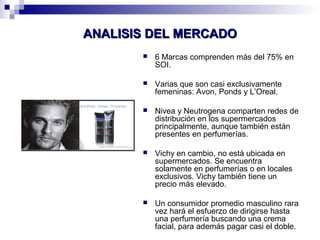 AANNAALLIISSIISS DDEELL MMEERRCCAADDOO 
 6 Marcas comprenden más del 75% en 
SOI. 
 Varias que son casi exclusivamente 
femeninas: Avon, Ponds y L’Oreal. 
 Nivea y Neutrogena comparten redes de 
distribución en los supermercados 
principalmente, aunque también están 
presentes en perfumerías. 
 Vichy en cambio, no está ubicada en 
supermercados. Se encuentra 
solamente en perfumerías o en locales 
exclusivos. Vichy también tiene un 
precio más elevado. 
 Un consumidor promedio masculino rara 
vez hará el esfuerzo de dirigirse hasta 
una perfumería buscando una crema 
facial, para además pagar casi el doble. 
 