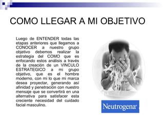 COMO LLEGAR A MI OBJETIVO 
Luego de ENTENDER todas las 
etapas anteriores que llegamos a 
CONOCER a nuestro grupo 
objetivo debemos realizar la 
estrategia del COMO que es 
enfocando estos análisis a través 
de la creación de un VINCULO 
ESTRATEGICO a mi grupo 
objetivo, que es el hombre 
moderno, con mi lo que mi marca 
desea proyectar, generando así 
afinidad y penetración con nuestro 
mensaje que se convertirá en una 
alternativa para satisfacer esta 
creciente necesidad del cuidado 
facial masculino. 
 