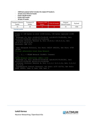 Lukáš Korous
Neutron Networking / OpenStack Kilo
- 1500 byte payload which includes the original IP header/s.
- 14 byte inner Ethernet header
- 8 byte VXLAN header
- 8 byte UDP header
- 20 byte IP header
Transport Ethernet
header
Transport IP
header
Transport UDP
header
VXLAN header
Original
Ethernet header
Payload
18 20 8 8 18 1500
Example packet
Frame 1: 148 bytes on wire (1184 bits), 148 bytes captured (1184
bits)
Ethernet II, Src: c2:00:57:75:00:00 (c2:00:57:75:00:00), Dst:
c2:01:57:75:00:00 (c2:01:57:75:00:00)
Internet Protocol Version 4, Src: 10.0.0.1 (10.0.0.1), Dst:
10.0.0.2 (10.0.0.2)
Protocol: UDP (17)
User Datagram Protocol, Src Port: 46219 (46219), Dst Port: 4789
(4789)
Virtual eXtensible Local Area Network
...
.... 1... = VXLAN Network ID(VNI): Present
...
VXLAN Network Identifier (VNI): 1234
Ethernet II, Src: a6:00:57:75:00:00 (a6:00:57:75:00:00), Dst:
b3:01:57:75:00:00 (b3:01:57:75:00:00)
Internet Protocol Version 4, Src: 1.1.1.1 (1.1.1.1), Dst: 2.2.2.2
(2.2.2.2)
Transmission Control Protocol, Src Port: 1173 (1173), Dst Port:
6000 (6000), Seq: 0, Ack: 128, Len: 0
 